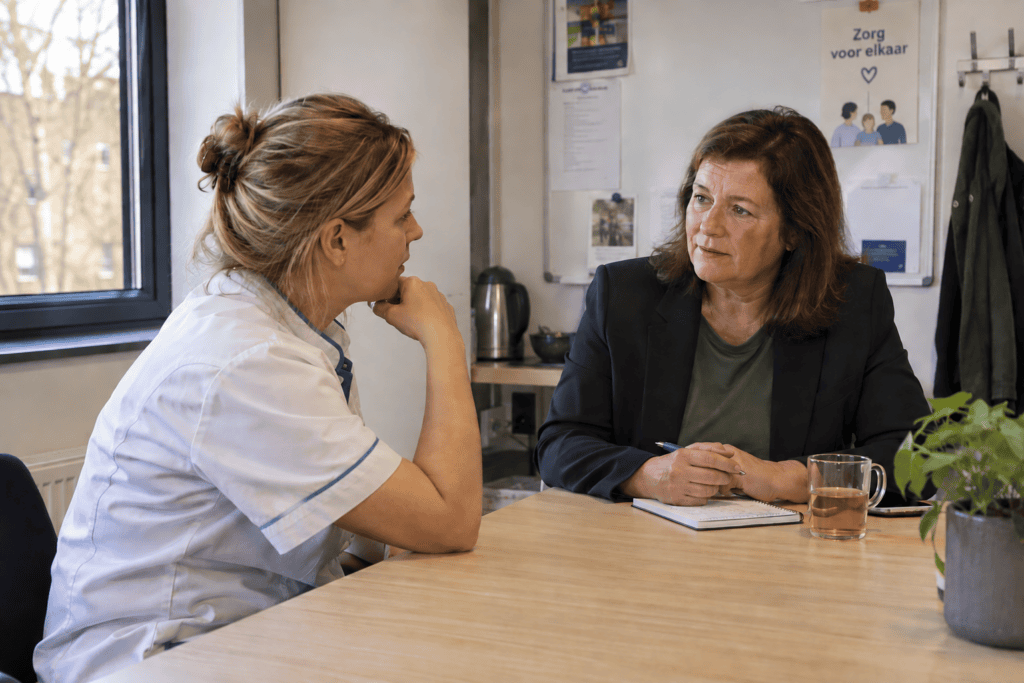 Zorgprofessional in gesprek met haar leidinggevende over het werk