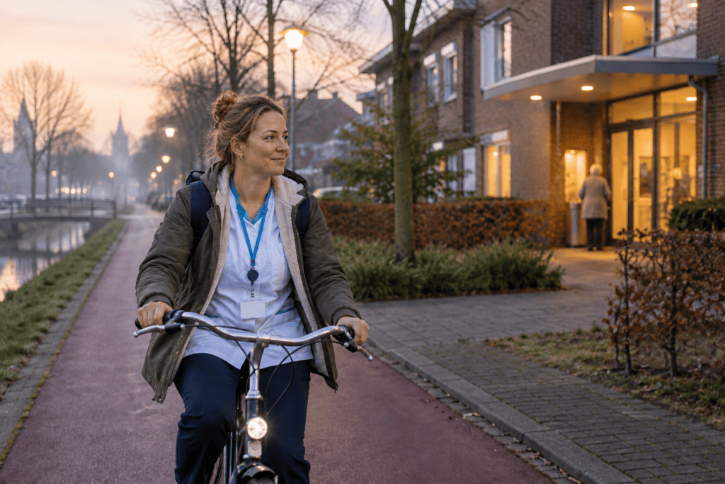 Zorgprofessional fietst in de vroege ochtend naar haar werk dichtbij huis